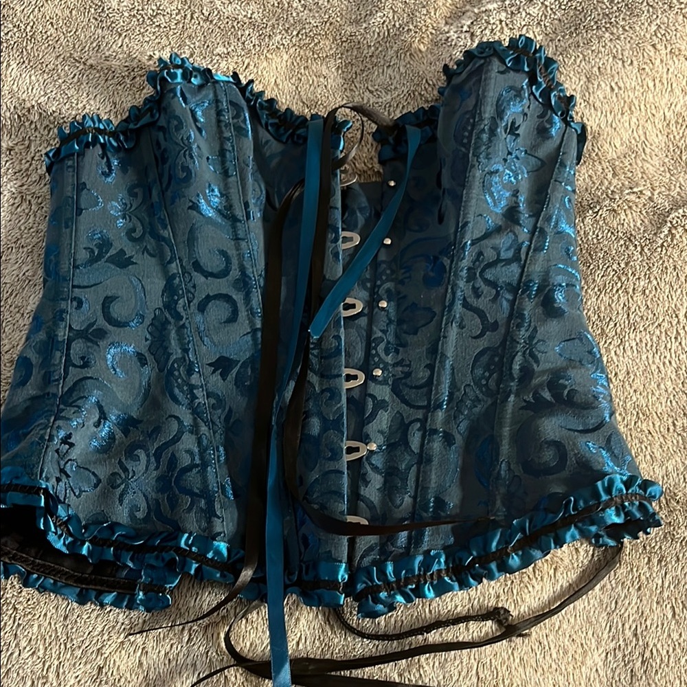 Chic Blue Brocade Corset with Black Details